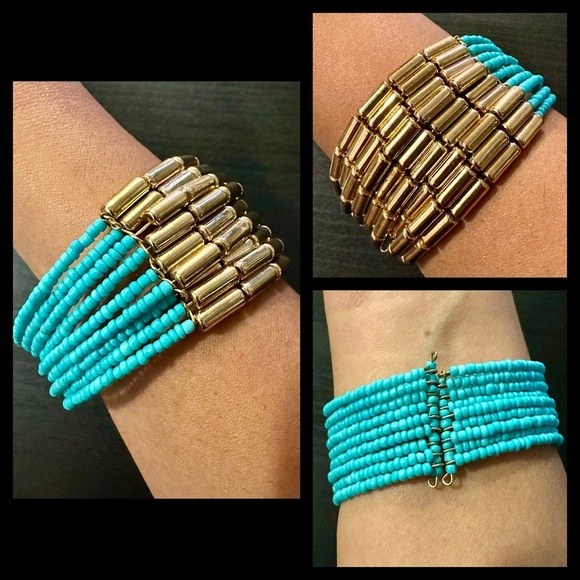 🧜🏼‍♀️ ⚜️3 for $30⚜️ Mermaidcore Blue Gold Beaded Cuff Bracelet Adjustable - Picture 1 of 10